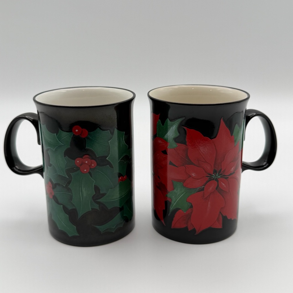 Dunoon Stoneware Christmas Mugs Set of 2 Holly & Poinsettia Bessey Scotland